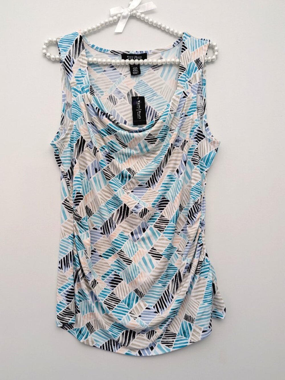 WHBM $58 Cowl Neck Stretchy Ruched Top Tank Sleeveless L Tourquoise Blue Cream